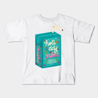 Juice box with hand lettering holiday juice. Cute festive winter holiday illustration. Bright colorful pink and blue greeting card. Kids T-Shirt